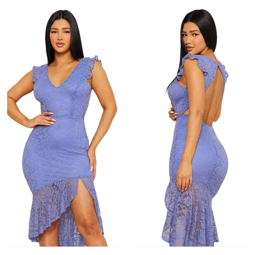 Blue Floral Lace Mid length Cocktail Dress New with Tags